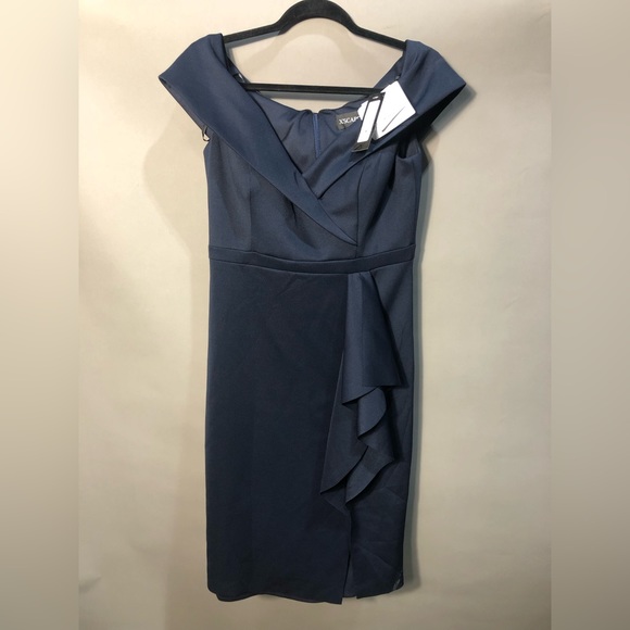 NWT Xscape Short Scuba Off-The-Shoulder Dress with Ruffle Sz 12 - Picture 3 of 5